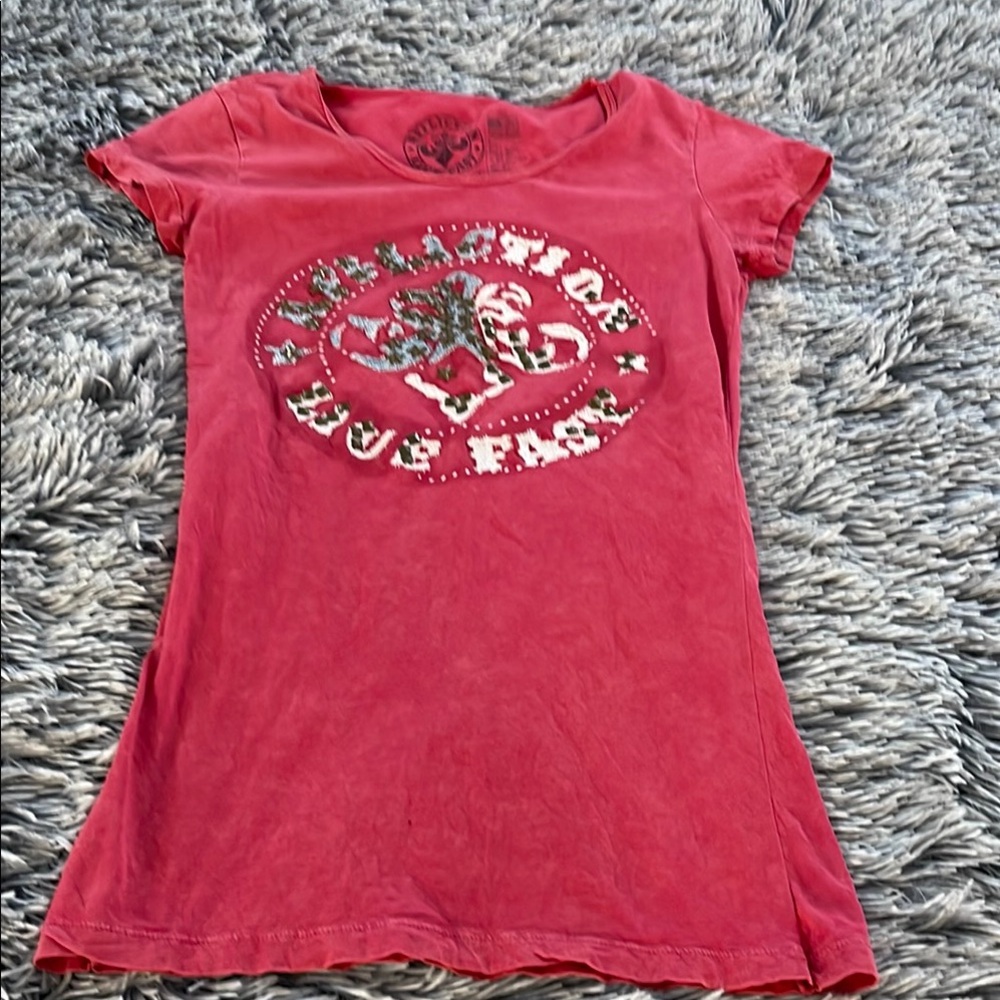 Affliction Pink Graphic womens Shirt with studs in front